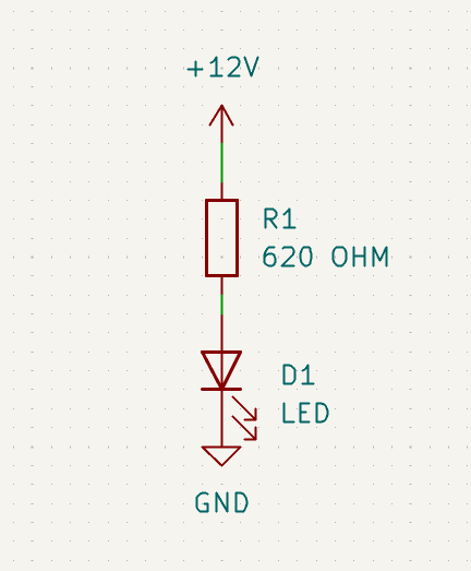 Yksinkertainen piirikaavio: 12V, vastus ja LED